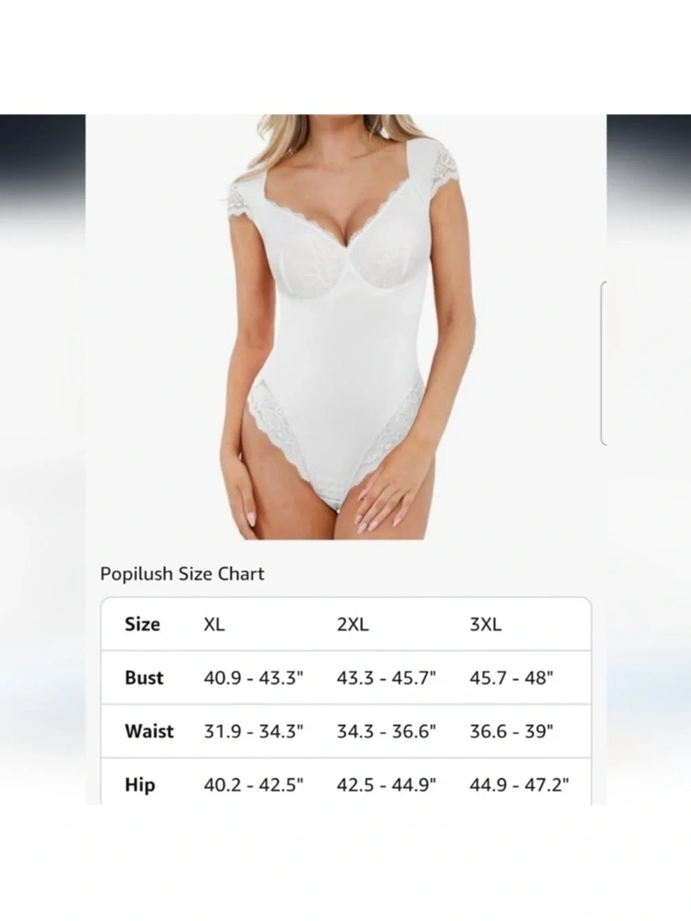 Popilush White Lace Cap Sleeve V Neck Shapewear Tummy Control Bodysuit - Picture 2 of 5